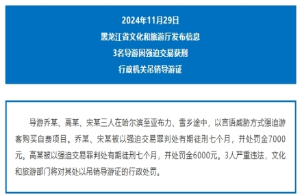 
                    3名导游因强迫交易获刑七个月 导游证被吊销
               